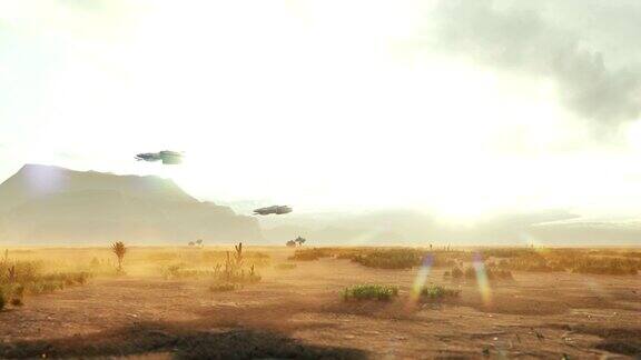 宇宙飞船在一个陌生的沙漠星球上飞行空间