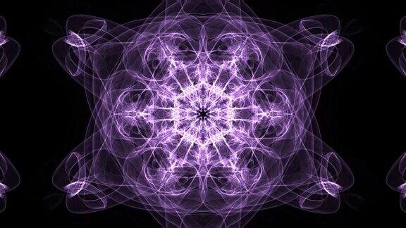 活紫色分形曼荼罗视频隧道在黑色的背景动画对称模式的精神和冥想训练
