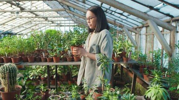 亚洲妇女在温室里采摘肉质植物