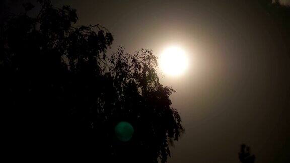满月在夜空中穿过乌云和树木间隔拍摄