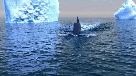 在北冰洋表面航行的潜水艇