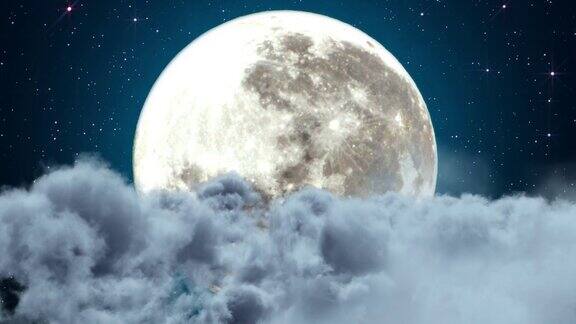 晚上穿过云层飞向大月亮星空
