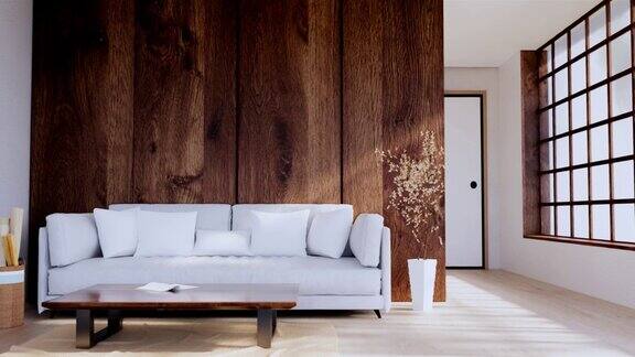 白色沙发日本房间日本热带设计和榻榻米地板三维渲染