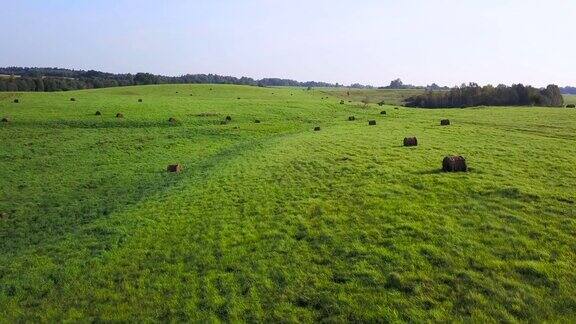 一捆捆干草躺在乡间的草地上航空摄影测量