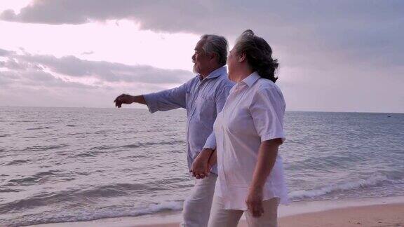 一对老年夫妇在沙滩上散步一对老年夫妇在阳光明媚的日子里在海边放松高级假期假期