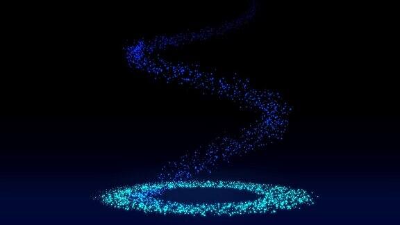 关于发光粒子的动画落下来的蓝色发光粒子在地面上形成一个圆圈背景是黑色的