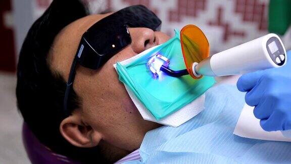 牙科医生手持LED灯在戴眼镜的病人口腔内照射紫外线