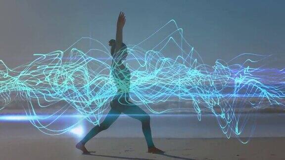 在沙滩上练习瑜伽的白人女人的蓝色线的动画
