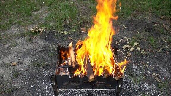 火从木头燃烧在慢镜头烧烤