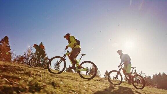 山地自行车骑上阳光明媚的山地草地