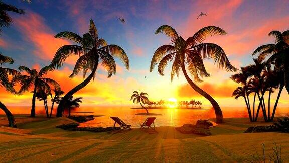 日落时沙滩上的沙滩椅