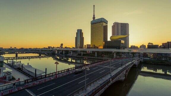 日本东京的东马桥和东京天空树的日出时间