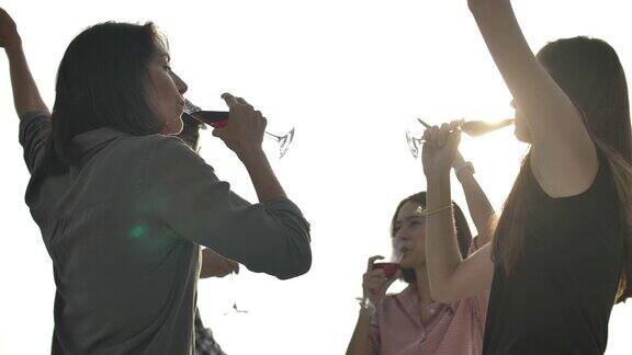 人们庆祝有乐趣和喝葡萄酒在屋顶派对