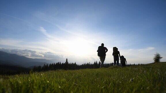 在阳光明媚的日子里旅游团行走在以山景为背景的绿地上