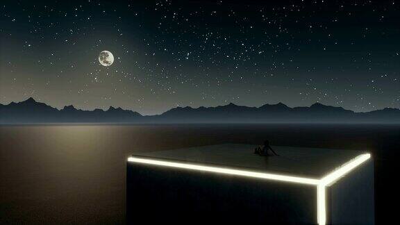 一个孤独的女人在超现实的风景中看着夜空