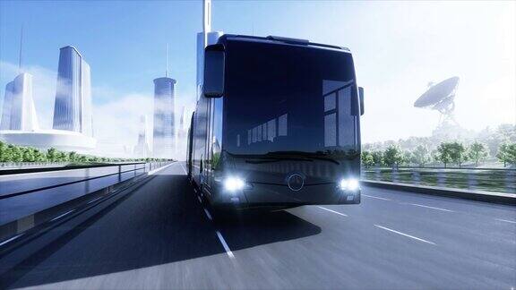 高速公路上快速行驶的客车三维模型未来的城市背景3d渲染