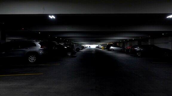 POV慢镜头穿过地下停车场
