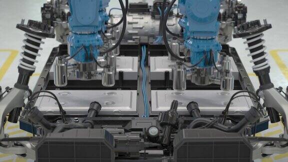 机器人组装电动汽车电池模块的特写