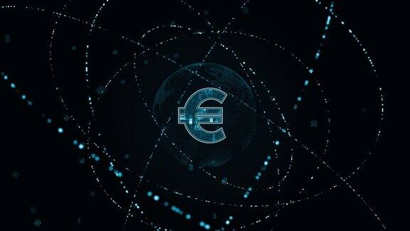 动态图形蓝色数字货币标志与粒子环旋转和地球与人工智能技术图标在未来的抽象背景加密货币金融和数字货币概念