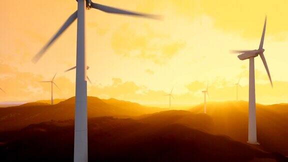 风力涡轮机农场上绿油油的草地夕阳下的光线摄影车拍摄