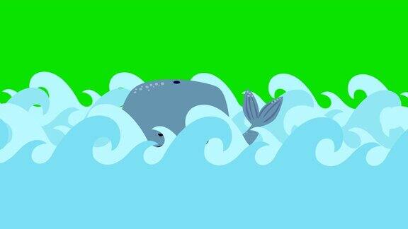 在绿色屏幕上的卡通鲸鱼在海里游泳