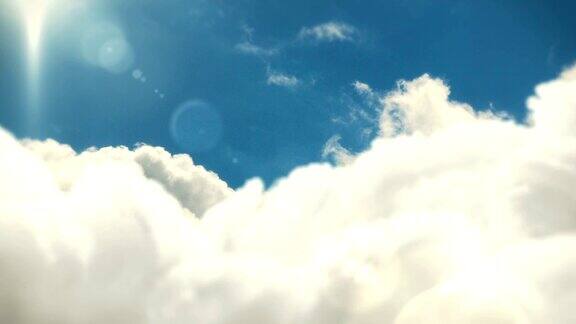 飞过云彩与太阳和透镜耀斑可循环的云景背景动画