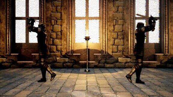 两名身着中世纪盔甲的骑士手持魔法剑作战