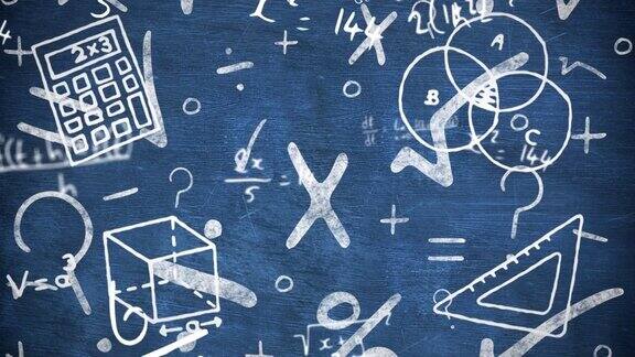 数字动画的多个学校概念图标与数学方程在蓝色背景