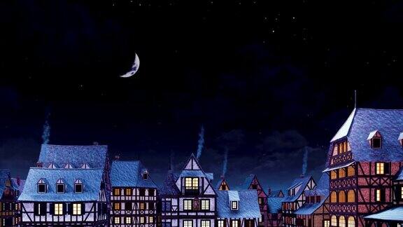 宁静的冬夜舒适的中世纪欧洲小镇的屋顶