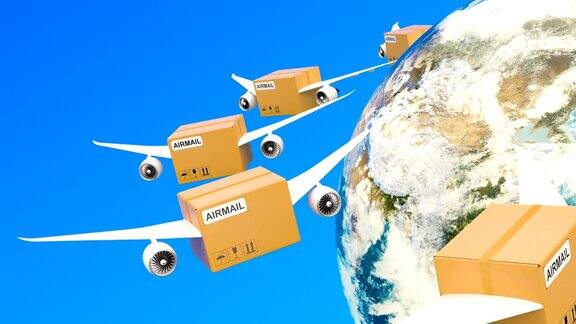 包裹带着翅膀在天空中环绕地球飞行全球航运和交付概念3D渲染