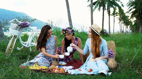 女性朋友喜欢野餐倒茶玩得开心互相聊天
