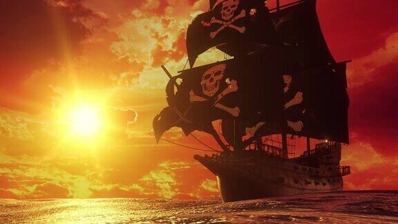 3D海盗帆船在日落-环线景观背景