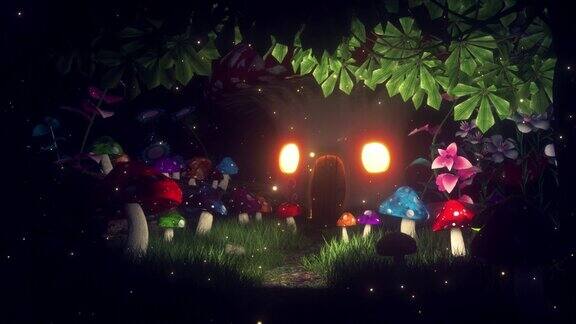 一个蘑菇屋在魔法森林的夜晚-自然景观循环背景