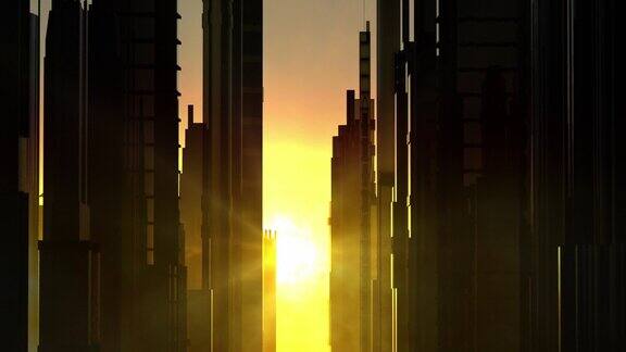 城市建筑之间的日出光线