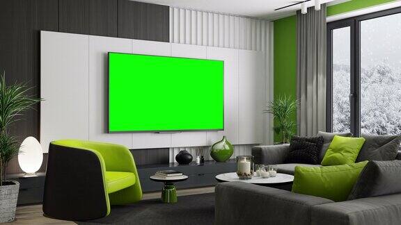 4k电视屏幕与色度键绿色现代极简主义公寓内部客厅冬天的场景