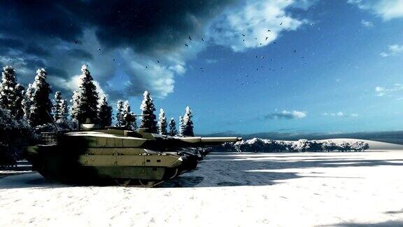 一辆军用坦克在冬季的战场上向敌人目标射击军队的特别行动