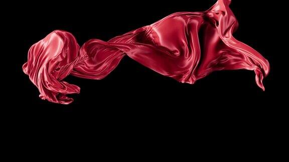 抽象红色的流动缎面或丝绸布在黑色背景上的慢动作