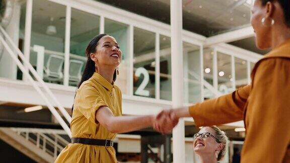 握手女性与企业的合作与管理团队合作与信任在办公室快乐的员工握手支持网络和b2b咨询招聘交易或合作成功