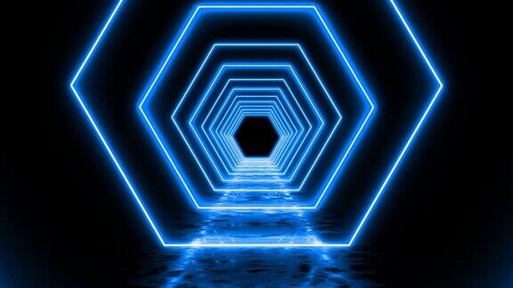 3D霓虹蓝色几何形状环形背景走廊