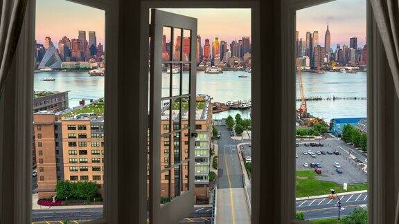 窗口视图纽约曼哈顿时间流逝城市景观摩天大楼黄昏