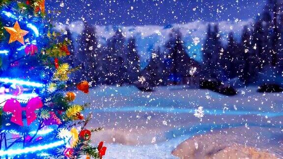 近距离的圣诞树在下雪的冬夜对散焦背景