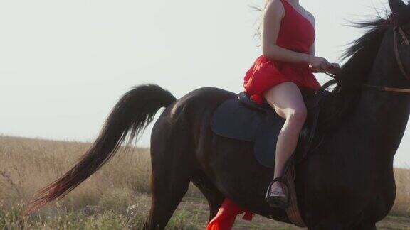 年轻的女孩穿着深红色的长裙骑着黑马在干燥的草原上