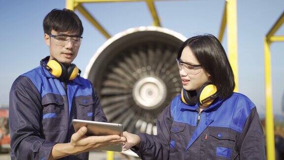 4K男性和女性飞机工程师使用数字平板检查喷气发动机