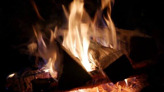 晚上燃烧的一堆柴火家庭野餐的篝火特写镜头