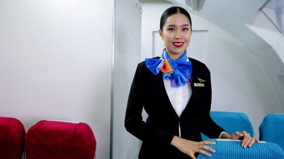 肖像:美丽的亚洲空乘人员穿着制服微笑着欢迎乘客乘坐飞机愉快地准备工作在飞机客舱里看着相机