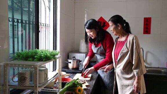亚洲老太太和她的女儿在厨房准备年夜饭