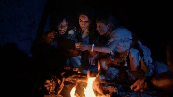史前部落原始狩猎采集者穿着兽皮在洞穴里使用数字平板电脑的夜晚尼安德特人或智人家庭浏览互联网看视频电视节目