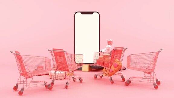 移动电商概念线上订购与购物车和许多盒子在粉红色的背景3d动画循环
