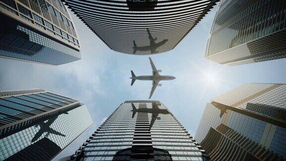 飞机飞过摩天大楼反射在现代玻璃幕墙上城市中心的高楼大厦