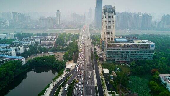 中国白天时间武汉城市景观交通街道道路航拍河滨全景4k时间推移